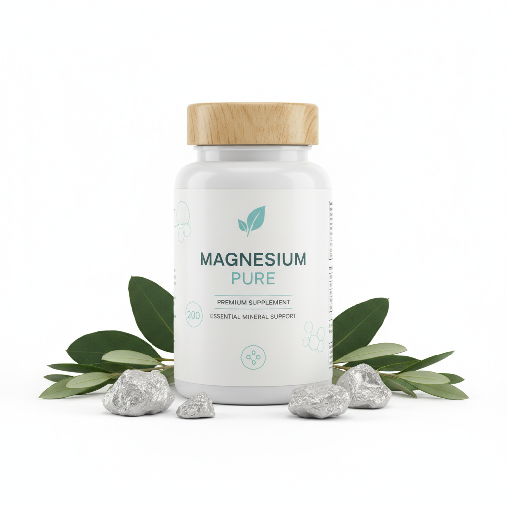 Magnesium Supplement bottle with natural elements