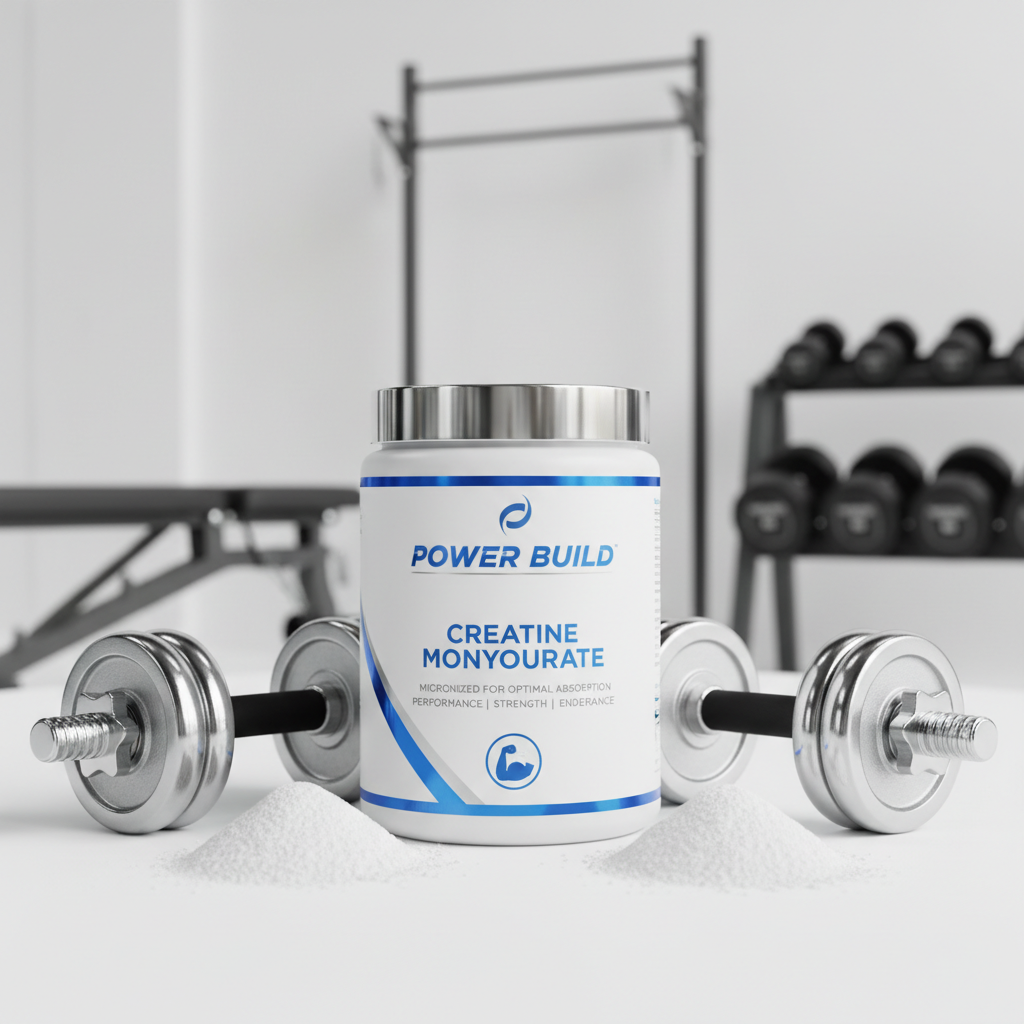 Creatine Monohydrate Supplement container with powder and gym elements