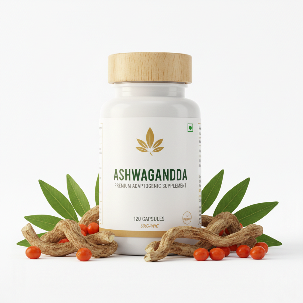 Ashwagandha Supplement bottle with natural roots and berries