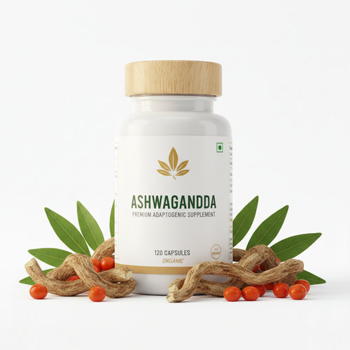 Ashwagandha Supplement bottle with natural roots and berries