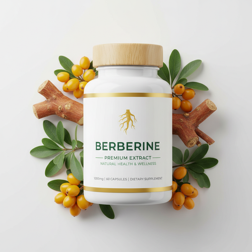 Berberine Supplement bottle with natural roots and barberry berries
