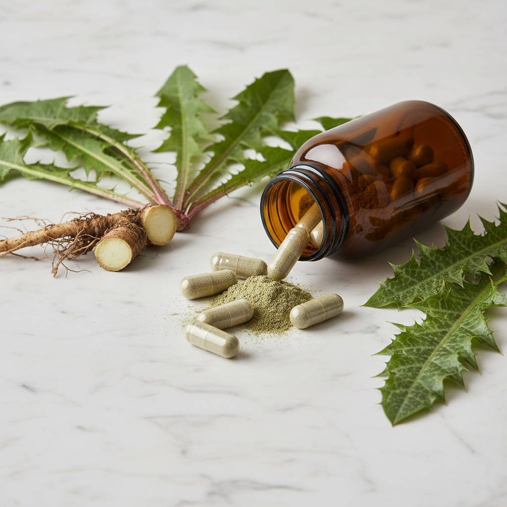 Milk Thistle and Dandelion Root botanical capsules with natural herbs on white surface