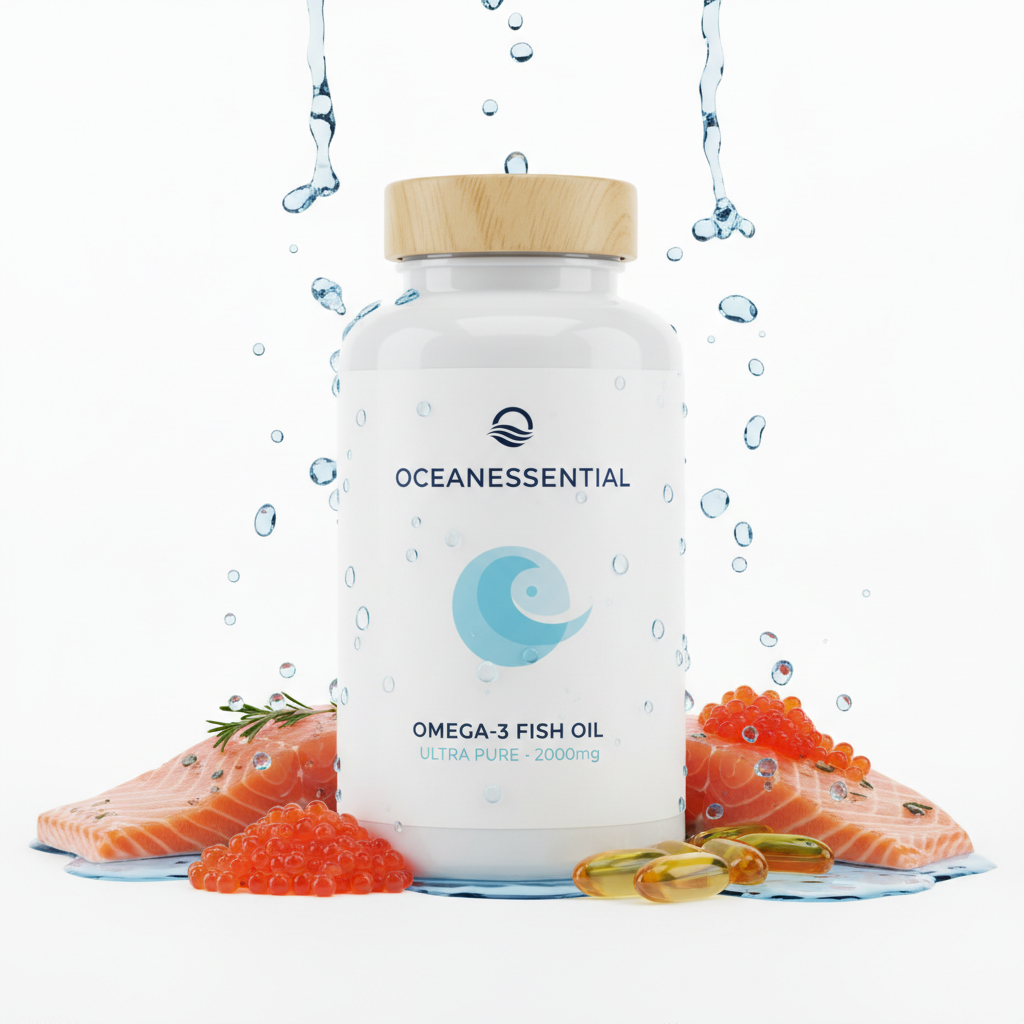 Omega-3 Fish Oil Supplement bottle with fresh salmon and ocean elements