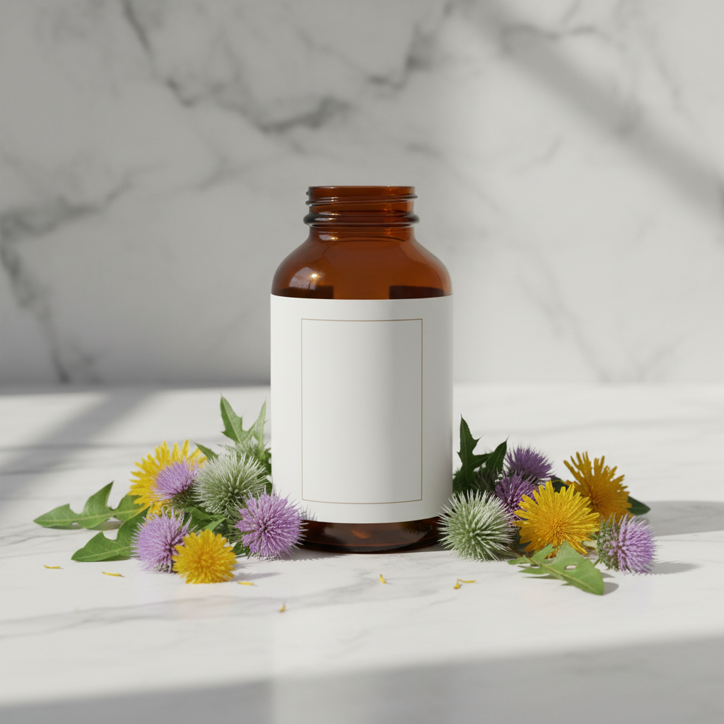 Milk Thistle and Dandelion botanical supplement with natural herbs on marble surface