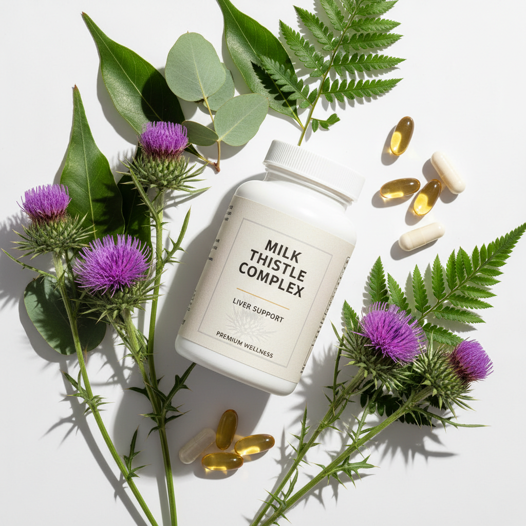 Milk Thistle botanical supplement bottle with fresh herbs on white background